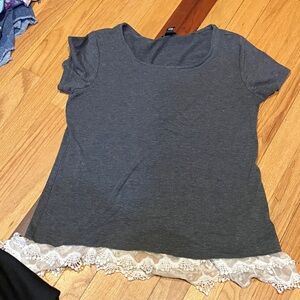 New Directions Charcoal Lace Trim Top